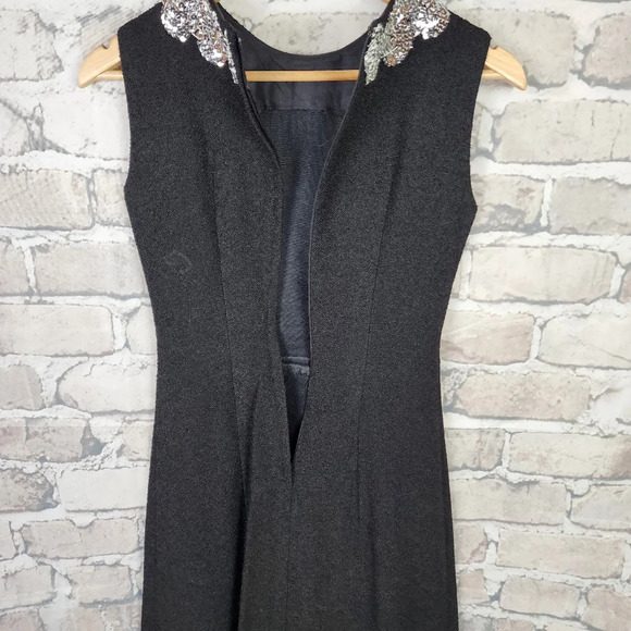 Vintage Leumann Italian Made Crepe Fit and Flare Dress Black Sequin Collar - Picture 10 of 14